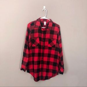 Never worn—long checked button down shirt